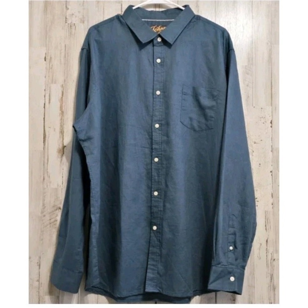 Johnny Bigg Men's L Large Teal Linen Cotton Blend Long‎ Sleeve Button-Up Shirt
